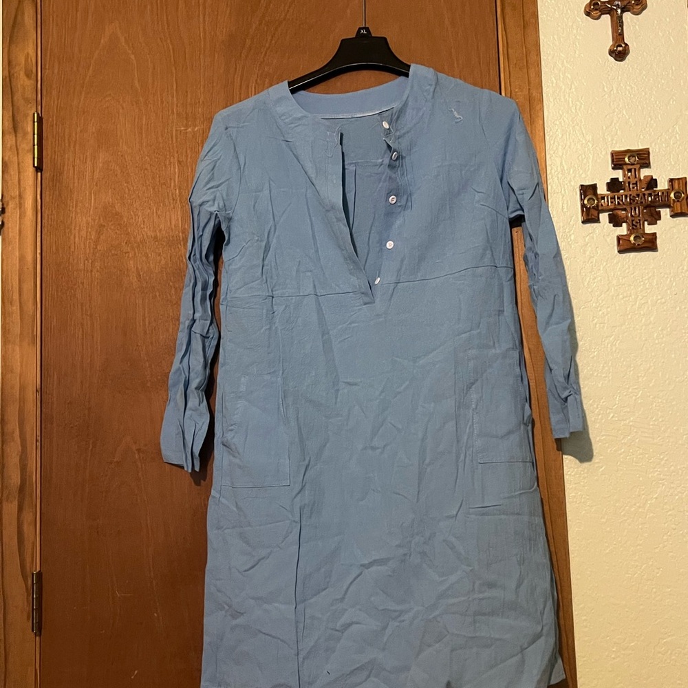 Blue Casual Sheath Dress with 3/4 Cuffed Sleeves and Crew Neck